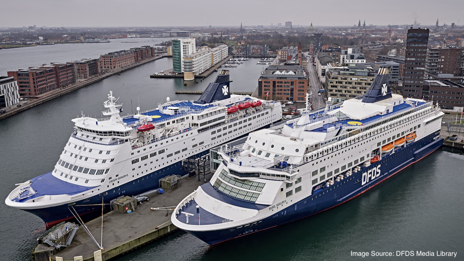DFDS Crown Seaways and DFDS Pearl Seaways docked in Copenhagen.
