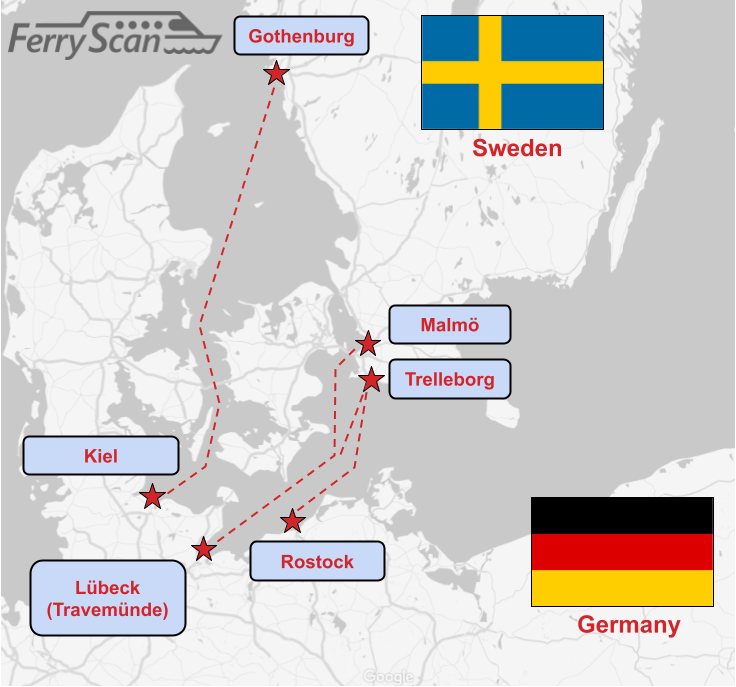 Mapa trasy promu z Niemiec do Szwecji