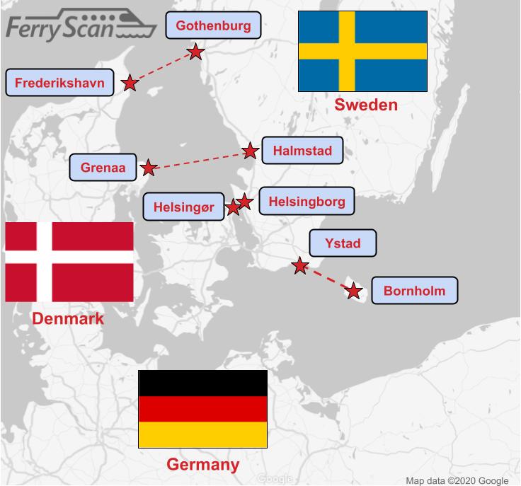 Kaart met de huidige veerboten tussen Denemarken en Zweden