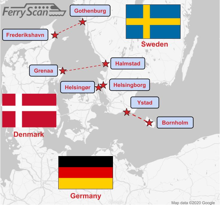 ডেনমার্ক এবং সুইডেনের মধ্যে বর্তমান ফেরি দেখানো মানচিত্র
