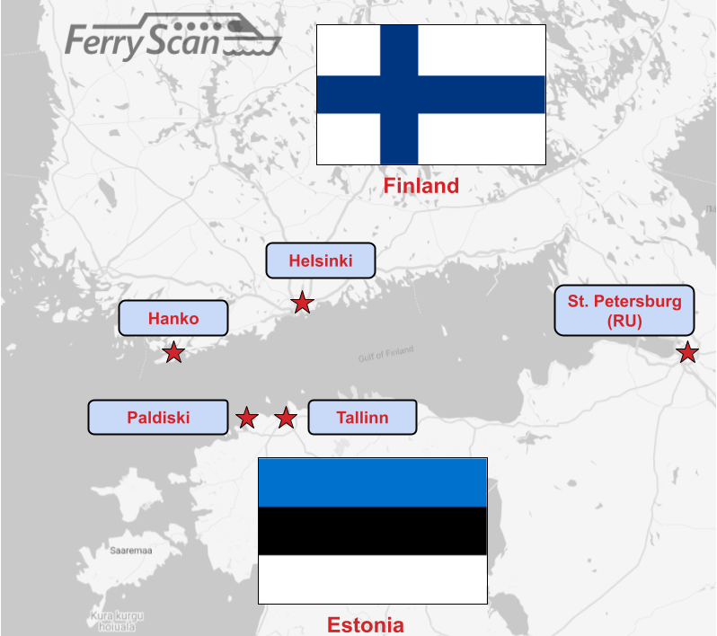 Større færgeruter mellem Finland (ovenfor) og Estland (nedenfor). Dette område af Østersøen er et af de travleste i verden, med mange passagerfærgetrafik, der forbinder begge hovedbyer.