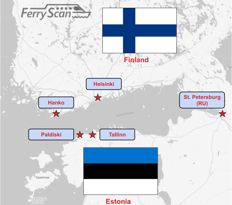 Större färjelinjer mellan Finland (ovan) och Estland (nedan). Detta område av Östersjön är ett av de mest trafikerade i världen, med många passagerarfärjetrafik som förbinder båda huvudstäderna.