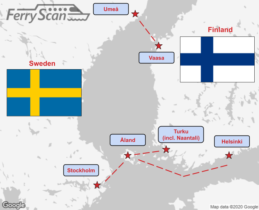 Major ferry routes between Finland on the right, and Sweden on the left. This region of the Baltic Sea is frequently travelled.