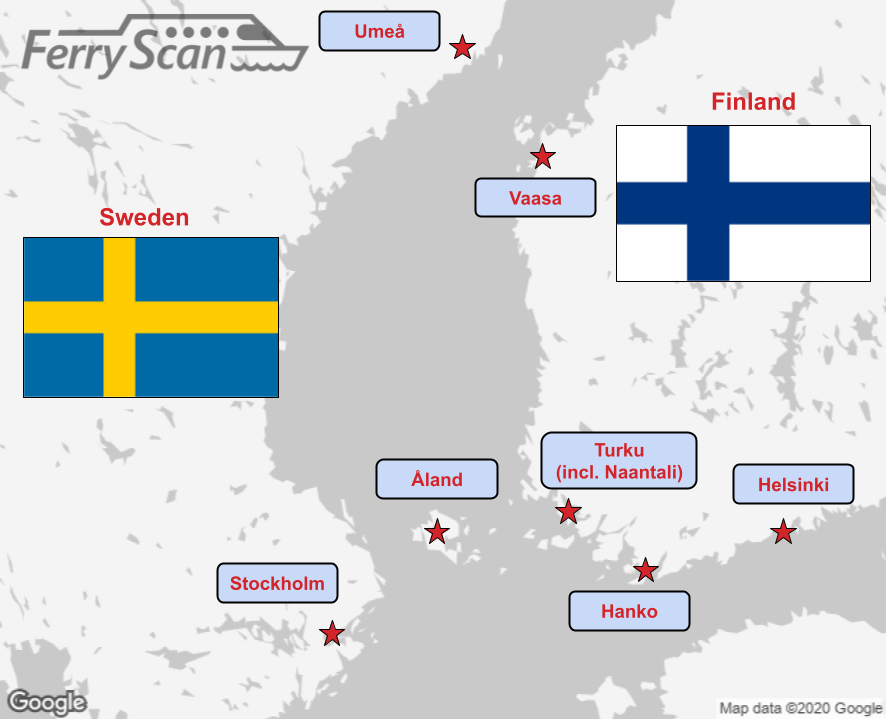 Tärkeimmät lauttareitit oikealla Suomen ja vasemmalla Ruotsin välillä. Tällä Itämeren alueella matkustataan usein.