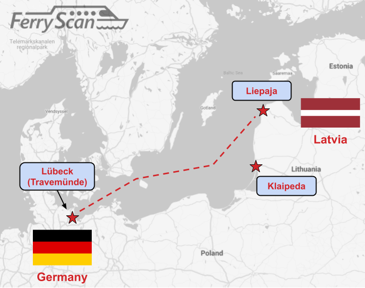 A single route from Lübeck (Travemünde) connects to Liepaja in Latvia.