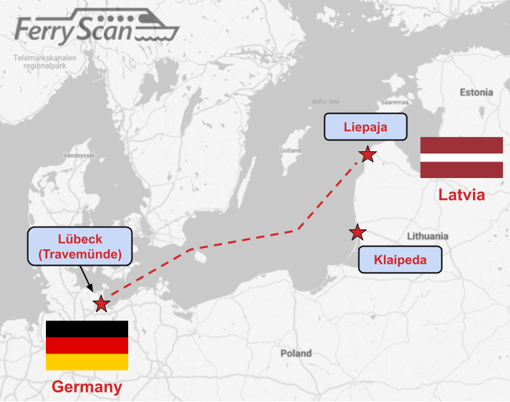 En enkel rutt från Lübeck (Travemünde) ansluter till Liepaja i Lettland.