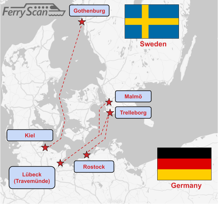 Molti traghetti collegano la Germania settentrionale con la Svezia meridionale.