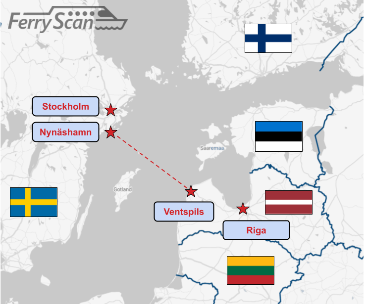 Kaart met de huidige veerboten tussen Letland en Zweden