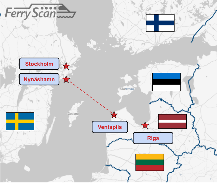 Karte, kurā redzami pašreizējie prāmji starp Latviju un Zviedriju