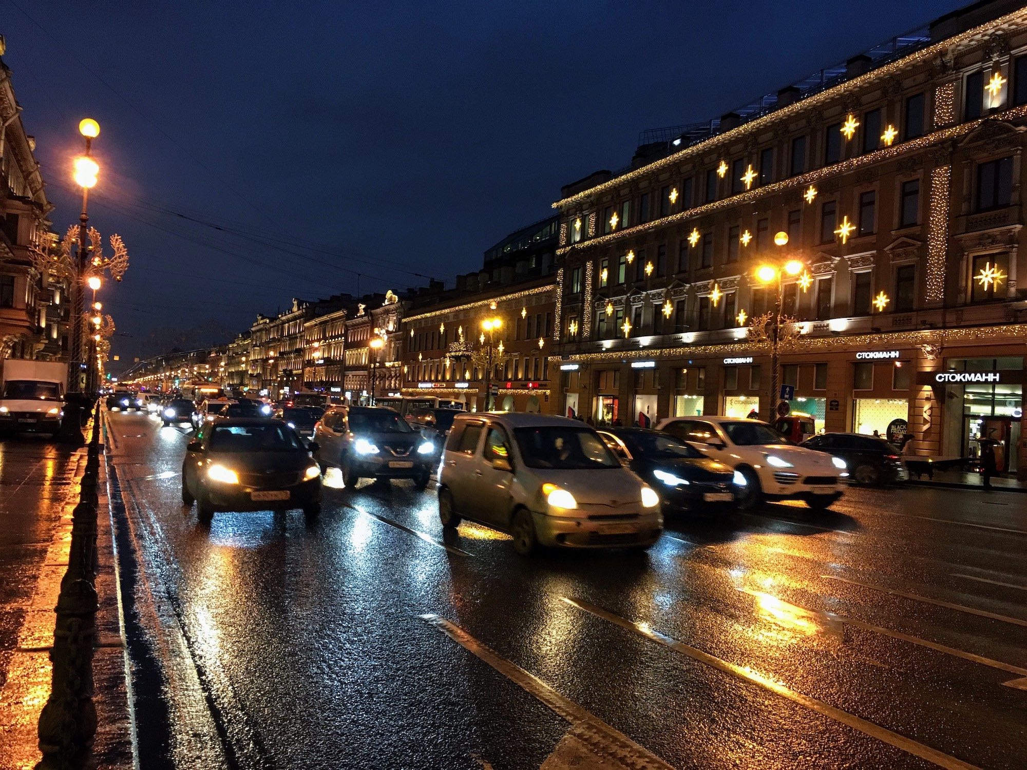 Nevsky Prospekt is a major road through the center of Saint Petersburg, and illuminated nicely during the night.