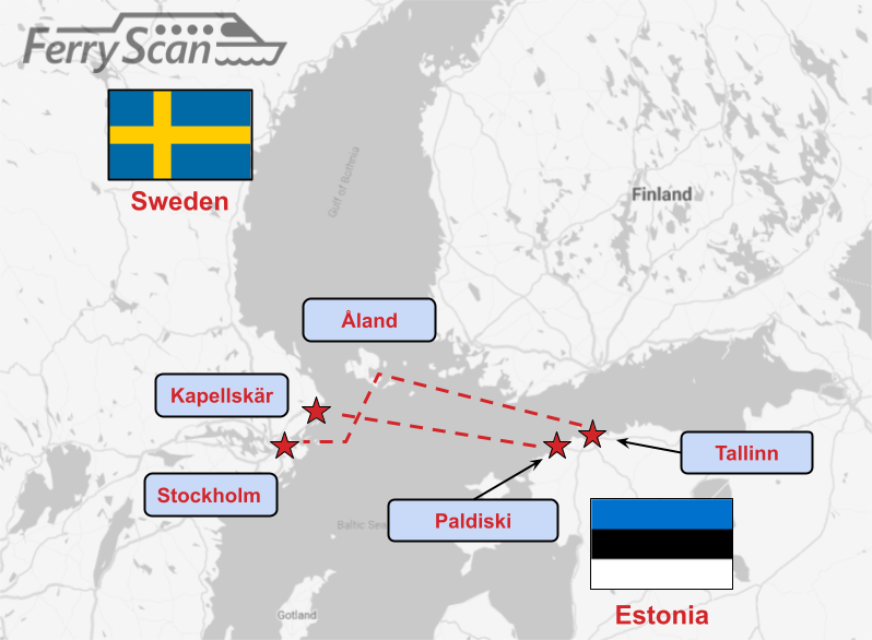 Existem várias rotas de Tallinn e Paldiski para a área de Estocolmo, na Suécia.