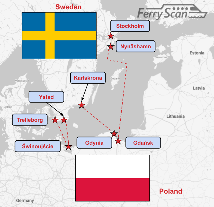स्वीडन पोलैंड से फेरी द्वारा अच्छी तरह से जुड़ा हुआ है, जिसमें प्रमुख स्वीडिश और पोलिश बंदरगाहों को जोड़ने वाले मार्ग हैं।