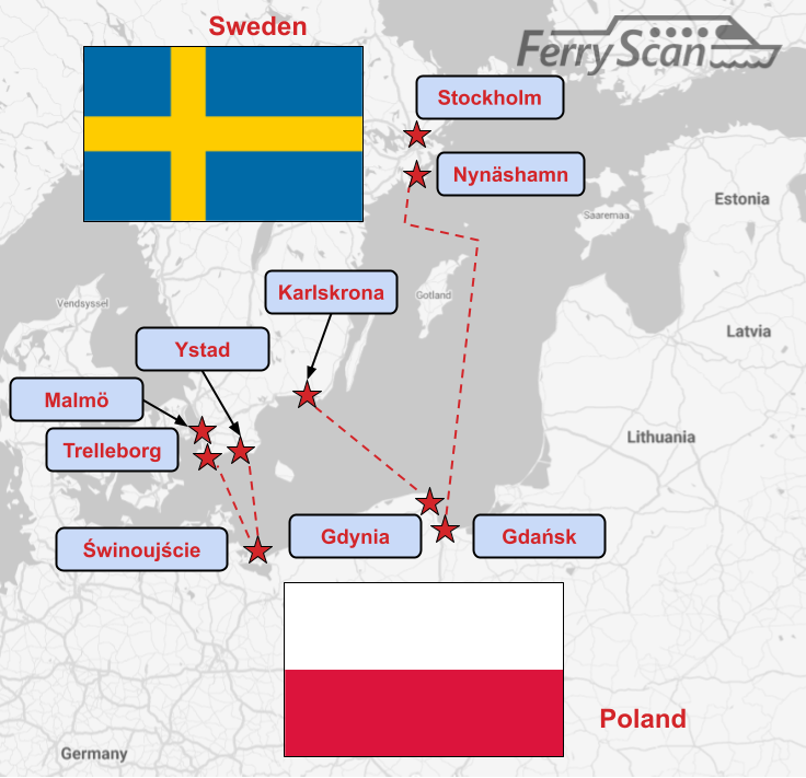 Sweden is well-connected to Poland by ferries, with routes connecting major swedish and polish ports.