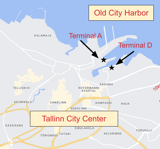 À Tallinn, les terminaux D et A du port de la vieille ville sont tous deux à 15-20 minutes à pied du centre-ville.