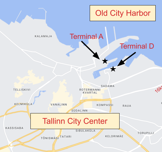 У Таллінні термінали D і термінали A Старого міста знаходяться в 15-20 хвилинах ходьби від центру міста.