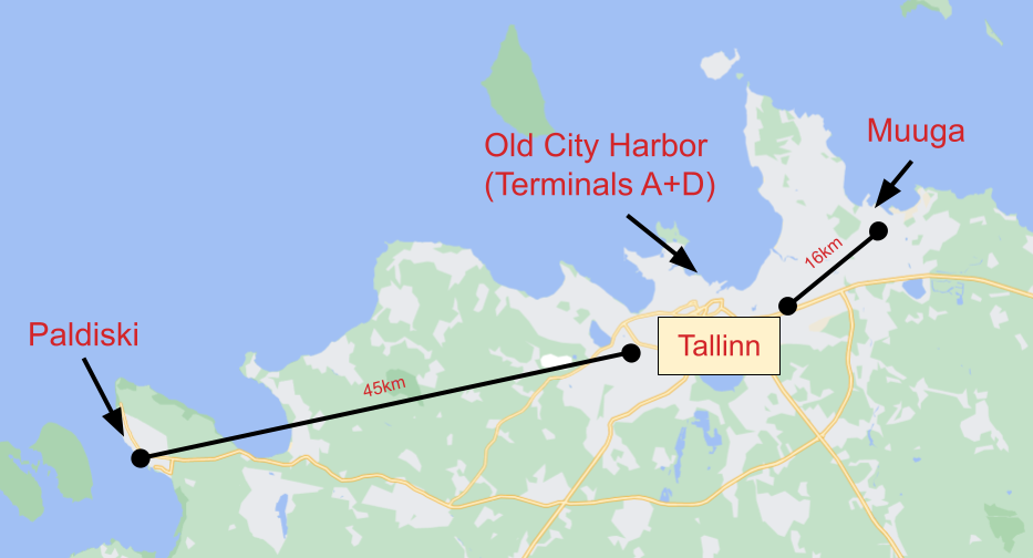 Paldiski osta atrodas aptuveni 45 km uz rietumiem no Tallinas, savukārt Muuga atrodas aptuveni 16 km uz austrumiem.
