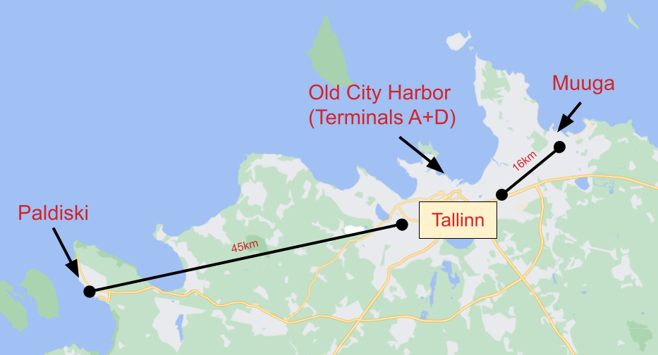 Paldiski harbor is around 45 km west of Tallinn, whereas Muuga is about 16km to the east.