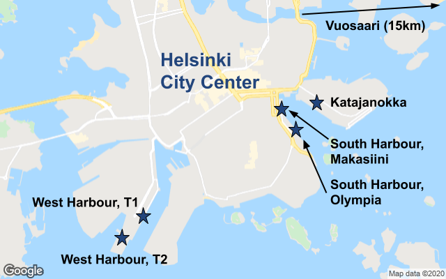 Map of Helsinki with ferry ports marked.