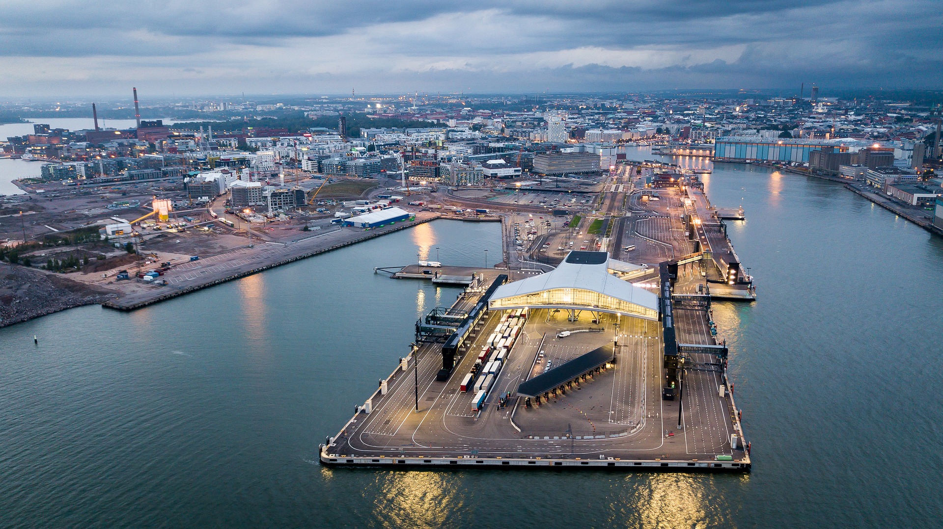 View towards Jätkäsaari and West Harbour, with Terminal 2 closest, and Terminal 1 in the background.