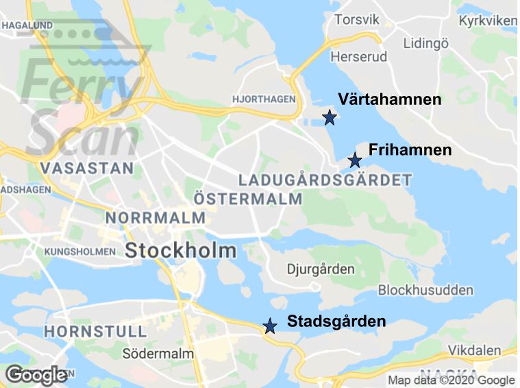 Map of Stockholm city center with Värtahamnen, Frihamnen, and Stadsgården ports marked.