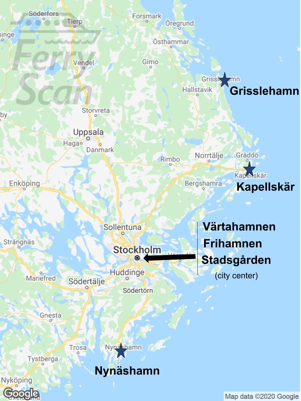 Map of Stockholm County with Stockholm's passenger ferry ports marked