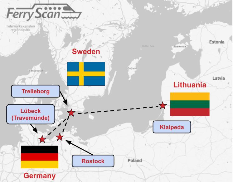 Mapa de la ruta de ferry TT-Line Alemania-Trelleborg-Klapieda.