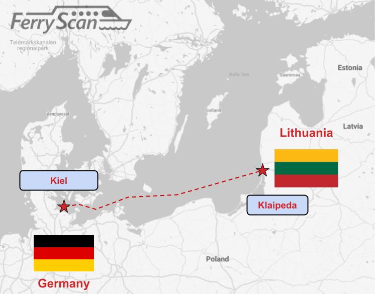 Mapa trajektovej trasy Kiel-Klaipeda.