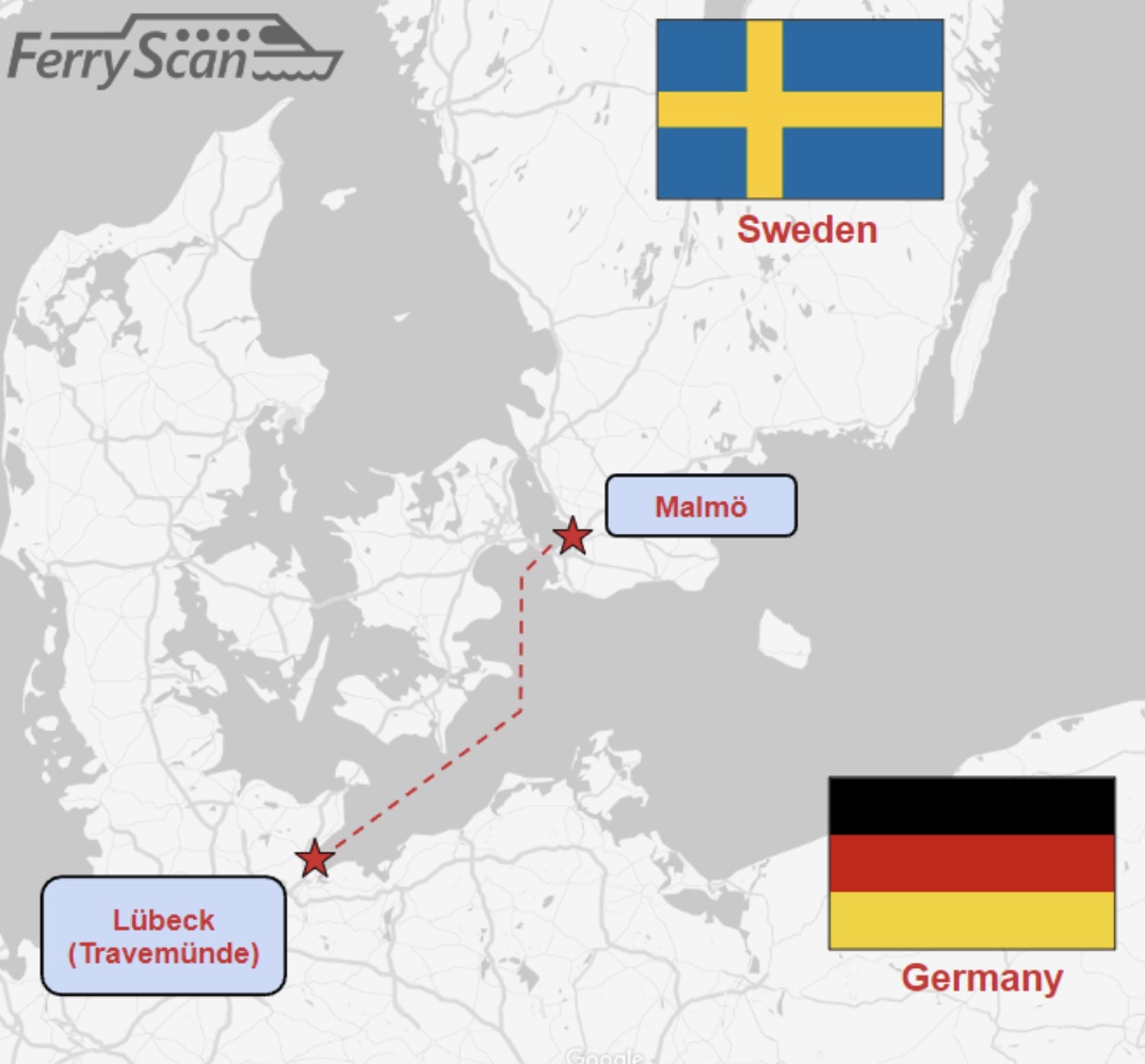 Ferry route map from Lübeck to Malmö