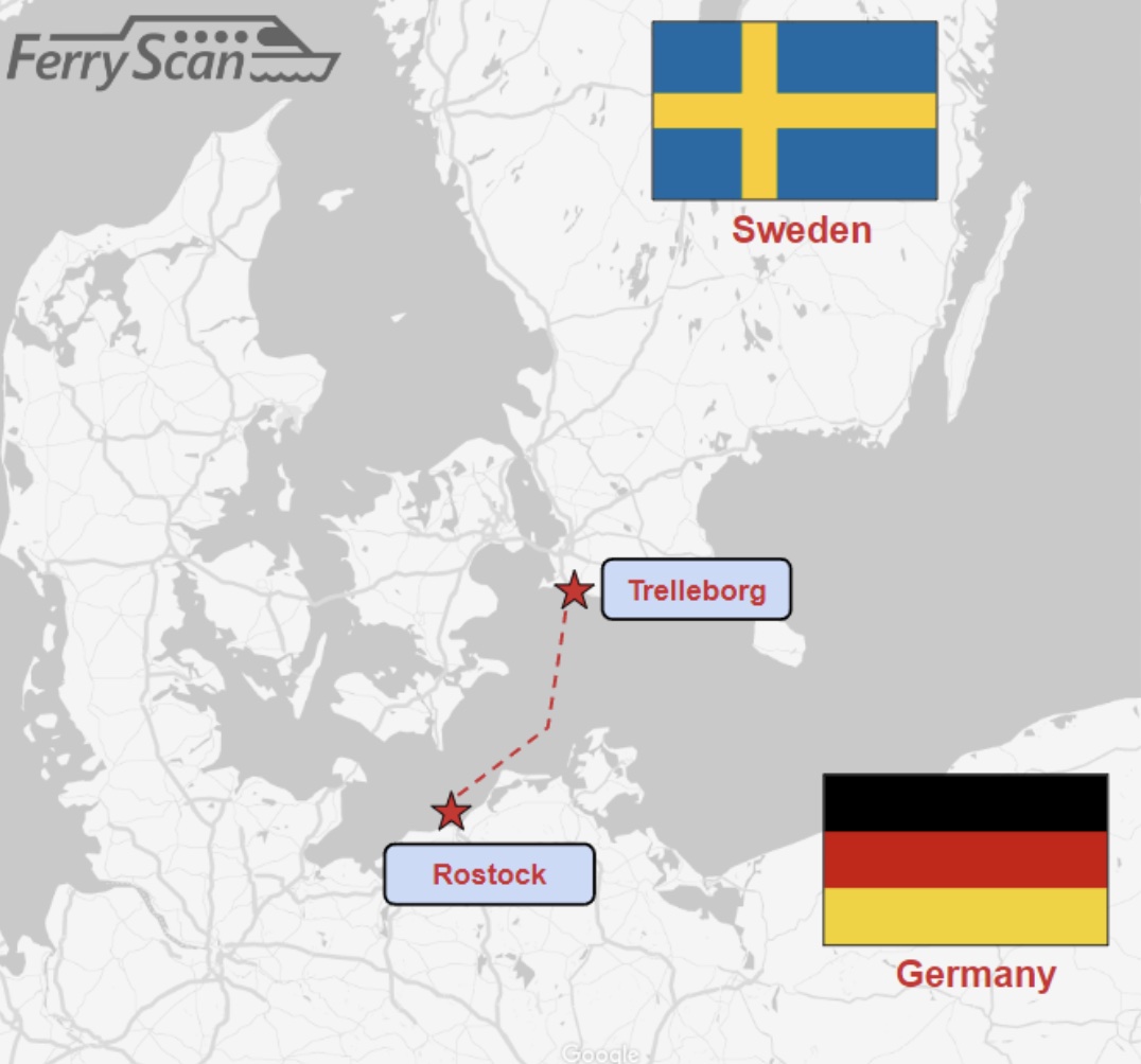 Mapa de ruta del ferry de Rostock a Trelleborg